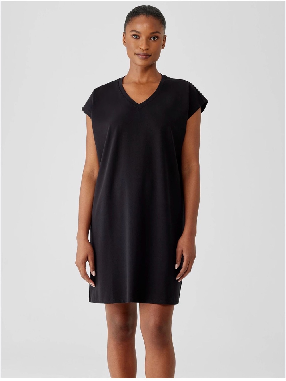 Eileen Fisher Black V-Neck Cap Sleeve Tunic Dress